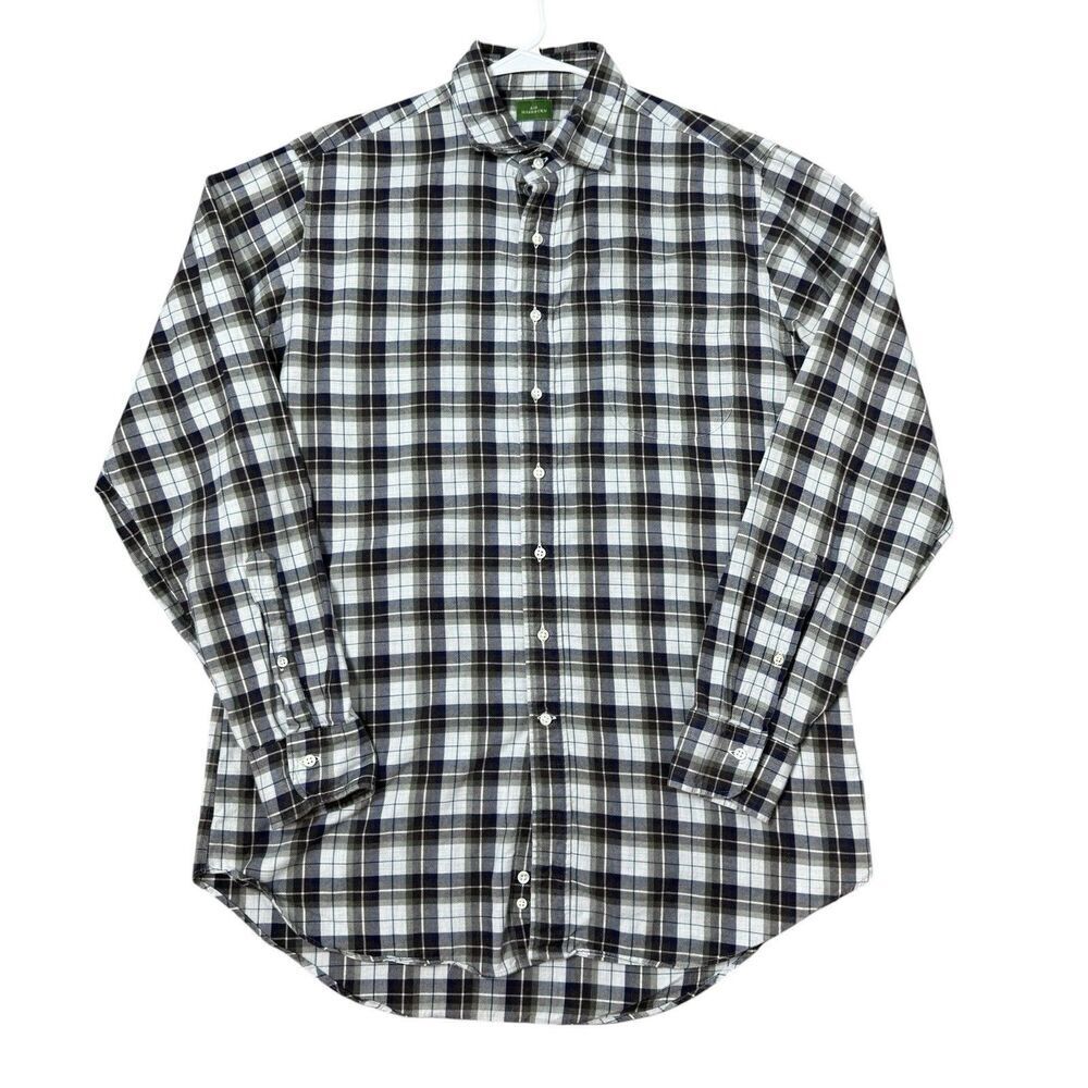 Sid Mashburn Spread Collar Sport Shirt Mens Size L Flannel Plaid Green Gray Blue